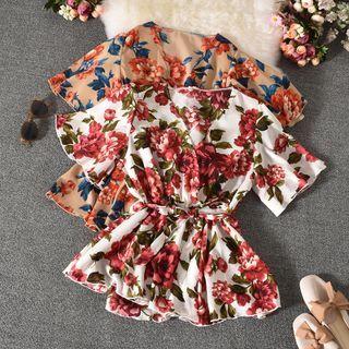 Short-sleeve Floral Print Tie-waist Blouse