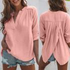 Long-sleeve Notch-neck Plain Chiffon Top