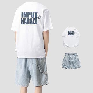 Elbow-sleeve Lettering T-shirt / Denim Wide Leg Shorts