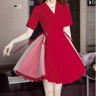 Short-sleeve Open-collar Mesh Panel Mini A-line Dress