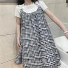 Short-sleeve Lace Trim T-shirt / Plaid Overall Dress