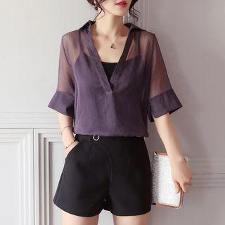 Set: Plain 3/4-sleeve Top + Spaghetti Strap Top