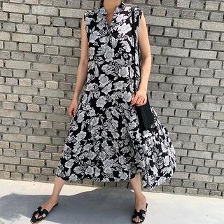 Mandarin-collar Long Floral Dress Black - One Size