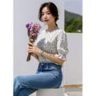Puff-sleeve Floral Silky Blouse
