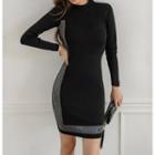 Long-sleeve Contrast Trim Paneled Sheath Mini Dress Black - One Size