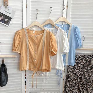 Square-neck Puff-sleeve Drawstring Cropped Top