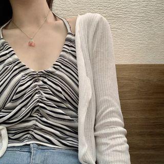 Set: Halter Striped Camisole Top + Plain Cardigan Set Of 2 - Camisole & Cardigan - White & Black - One Size