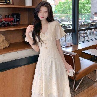 Short-sleeve Floral Lace Midi A-line Dress