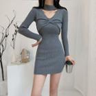 Long-sleeve Twisted Mini Sheath Dress Gray - One Size