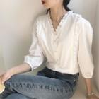 Lace Trim 3/4-sleeve Blouse White - One Size