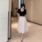 Square-neck Two Tone Blouse / High-waist Plain A-line Skirt