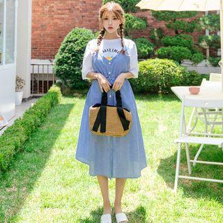 Tie-waist Buttoned Plaid Long Pinafore Dress