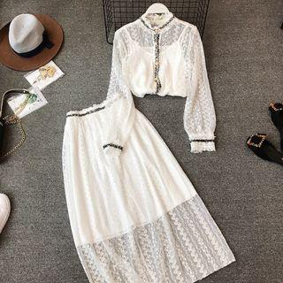 Set: Long-sleeve Lace Blouse + Midi Lace-overlay A-line Skirt + Camisole