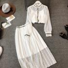 Set: Long-sleeve Lace Blouse + Midi Lace-overlay A-line Skirt + Camisole