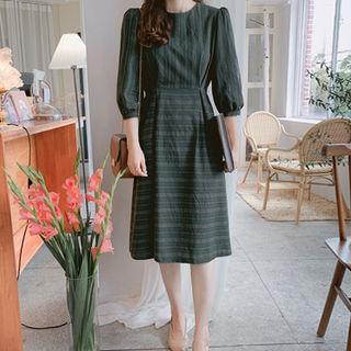Puff-sleeve Tie-waist Striped Dress