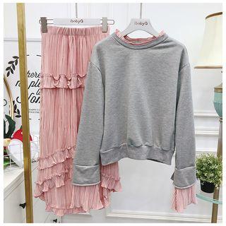 Ruffled Sweater + Pleated Skirt Gray Top + Pink Skirt - One Size