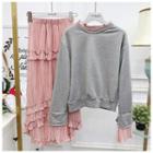 Ruffled Sweater + Pleated Skirt Gray Top + Pink Skirt - One Size