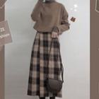 Plain Sweater / Mock-neck Top / Plaid Midi A-line Skirt / Set