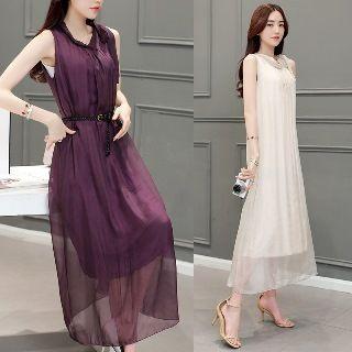 Set: Sleeveless Midi Dress + Slipdress + Belt