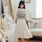 Set: Plaid Frog-button Camisole Top + Long-sleeve Chiffon Dress