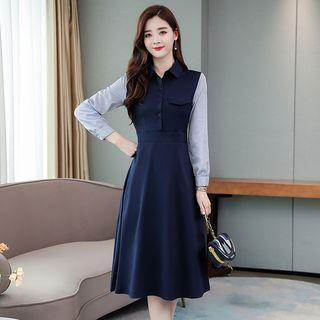 Mock Two-piece Collared Long-sleeve Midi A-line Dress