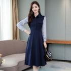 Mock Two-piece Collared Long-sleeve Midi A-line Dress