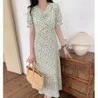 Short-sleeve Floral Printed Ruffle Trim Midi Dress