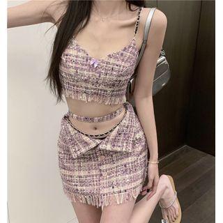 Plaid Tweed Cropped Camisole Top / Mini A-line Skirt