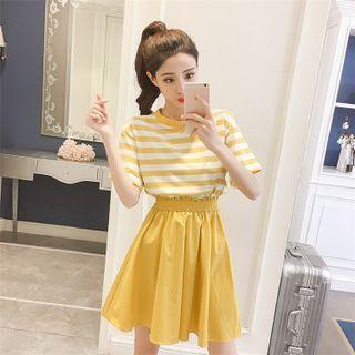 Mock Two-piece Short-sleeve Striped Mini A-line Dress