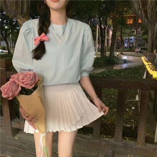 Puff-sleeve Plain Blouse Mint Green - One Size