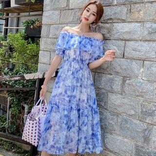 Elbow-sleeve Tie-dye Midi A-line Dress