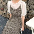 Set: Elbow-sleeve Top + Floral Print Midi A-line Dress