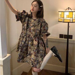 Puff-sleeve Bear Print Mini A-line Dress Beige & Black - One Size