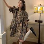 Puff-sleeve Bear Print Mini A-line Dress Beige & Black - One Size