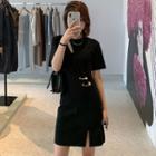 Short-sleeve Pin-accent Split-hem Dress Black - One Size