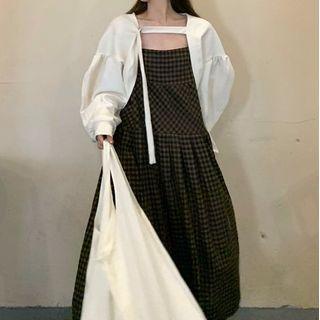 Strappy Plaid Midi A-line Dress / Open Jacket