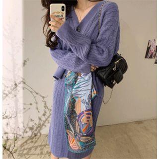Set: V-neck Cable-knit Cardigan + Band-waist Skirt