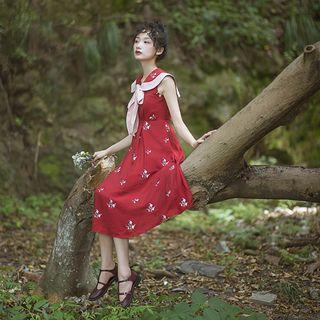 Sleeveless Ribbon Floral A-line Midi Dress