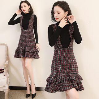 Mock Neck Knit Top / Plaid Suspender Dress / Set
