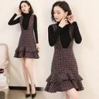 Mock Neck Knit Top / Plaid Suspender Dress / Set