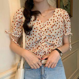 Short-sleeve Drawstring Floral Print Blouse