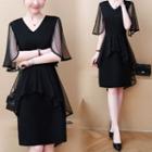 Elbow-sleeve Mesh Paneled Ruffled Dress