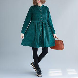 Long-sleeve Band Collar Corduroy A-line Dress