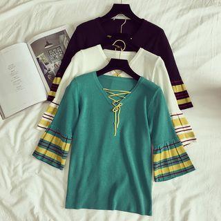 Lace Up Stripe 3/4-sleeve Knit Sweater