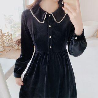 Faux Pearl Trim Long-sleeve Velvet Midi A-line Dress