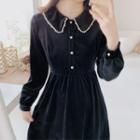 Faux Pearl Trim Long-sleeve Velvet Midi A-line Dress
