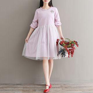 Paw Embroidered Long Sleeve Mesh Dress