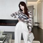 Long-sleeve Print See-through Top / Plain High-waist Pants
