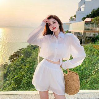 Set: Sheer Cropped Shirt + Shorts White - One Size
