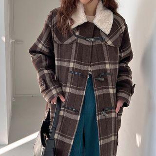 Furry-collar Plaid Duffle Coat Brown - One Size